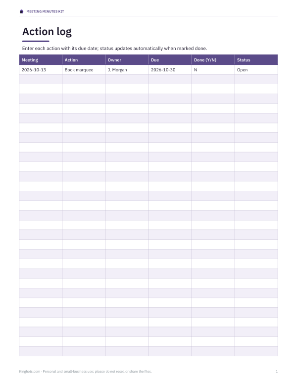 Preview of Printable Action Log Template