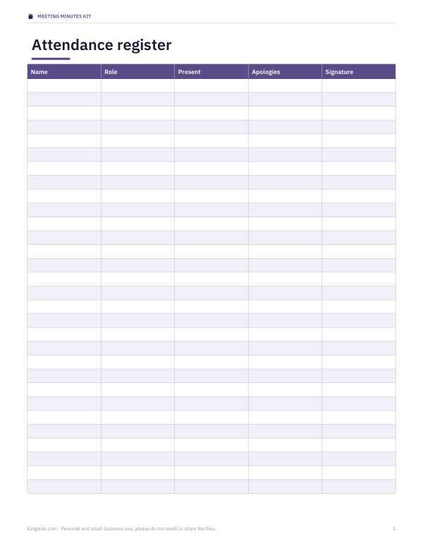 Preview of Printable Attendance Register